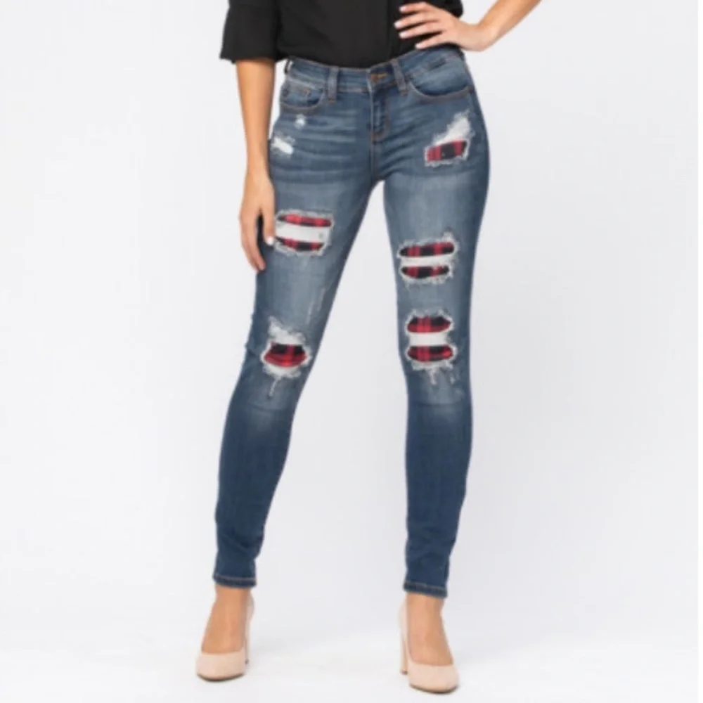 Judy Blue JB8268DK Buffalo Plaid Patch Skinny Jeans Size 9 39